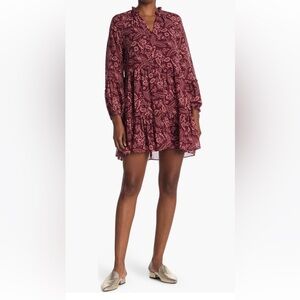1. State V-Neck Babydoll Dress | Size:Medium, Color: Burgandy/Pink